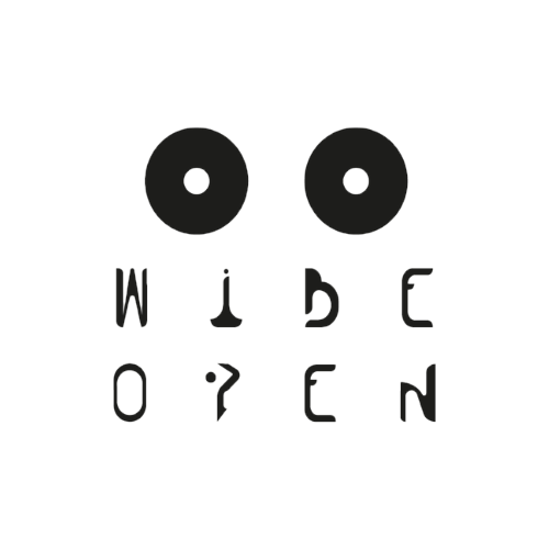 Wide Open logo with stylized text and two circular icons