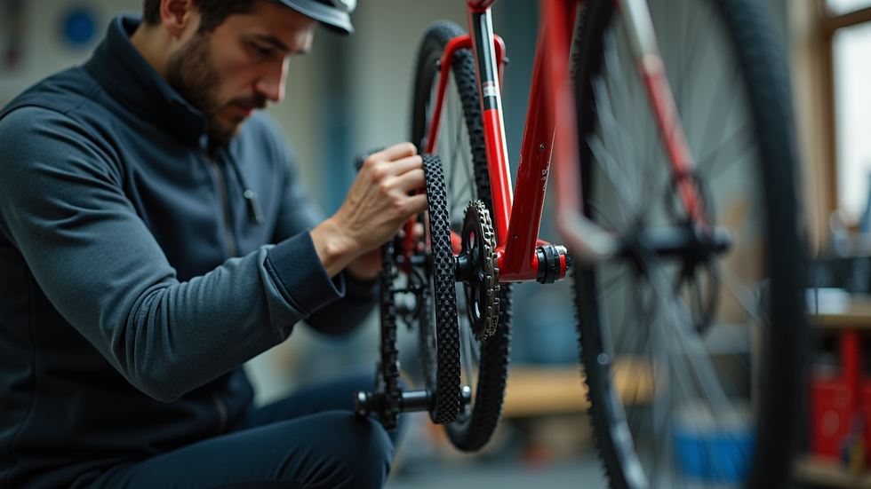 Close-up view of a bicycle mechanic adjusting gears in a workshop