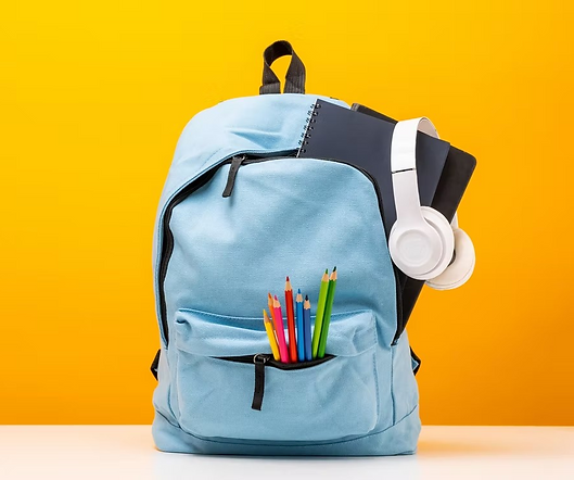 AMR Law backpack with headphones and colored pencils featured on a yellow-orange background