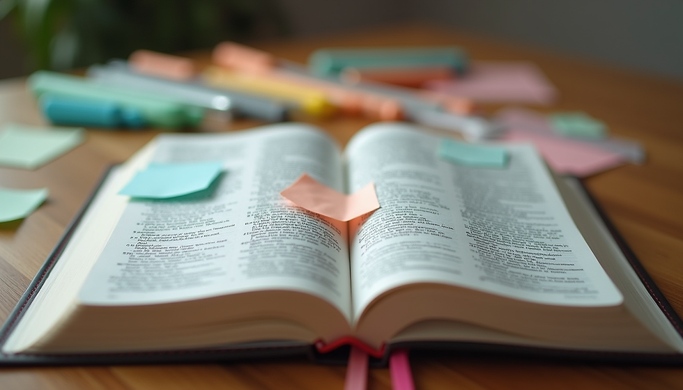 Vista a nivel de ojo de una Biblia abierta sobre una mesa de madera con luz natural