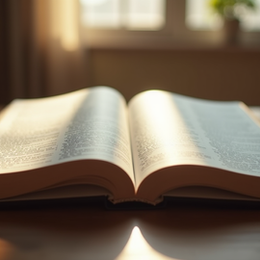 Biblia abierta sobre mesa iluminada por luz natural