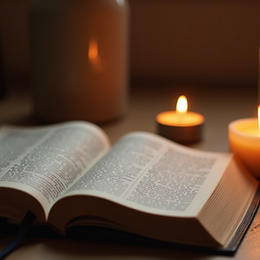 Un libro devocional abierto con luz cálida para inspiración diaria