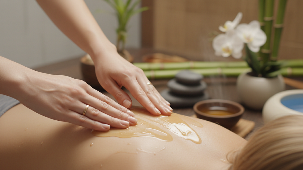 Close-up view of a massage therapist’s hands applying oil on a client’s back