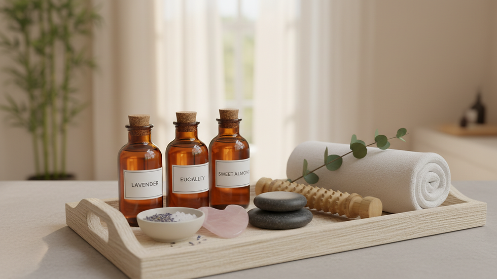 Close-up view of massage oils and tools arranged neatly on a wooden tray