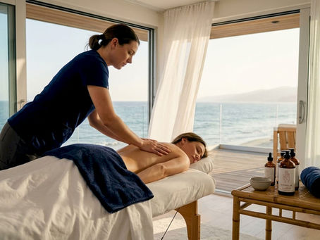 Massage therapist providing relaxation massage in hotel room