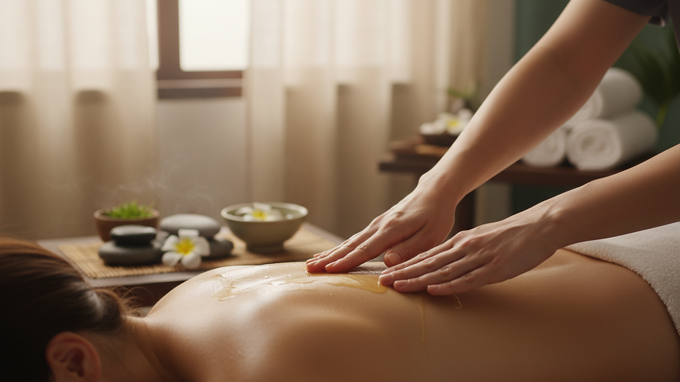 Close-up view of a massage therapist’s hands applying oil on a client’s back
