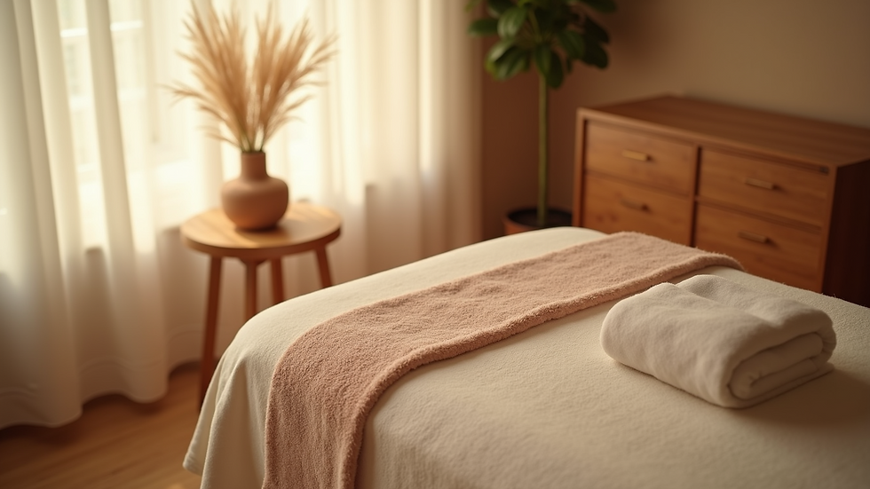High angle view of a peaceful home massage setup with soft lighting and calming decor