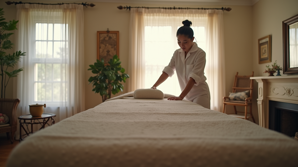 Eye-level view of a massage therapist setting up a massage table in a cozy living room