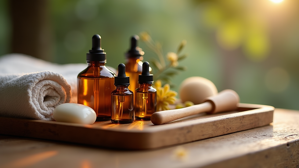 Close-up view of aromatic oils and massage tools arranged neatly on a wooden tray