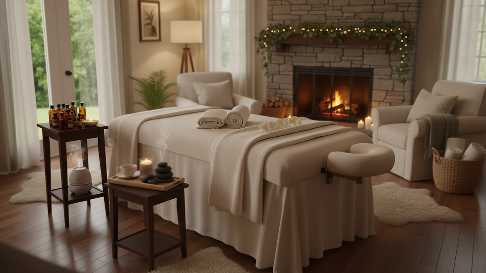 Eye-level view of a cozy living room set up for a massage session