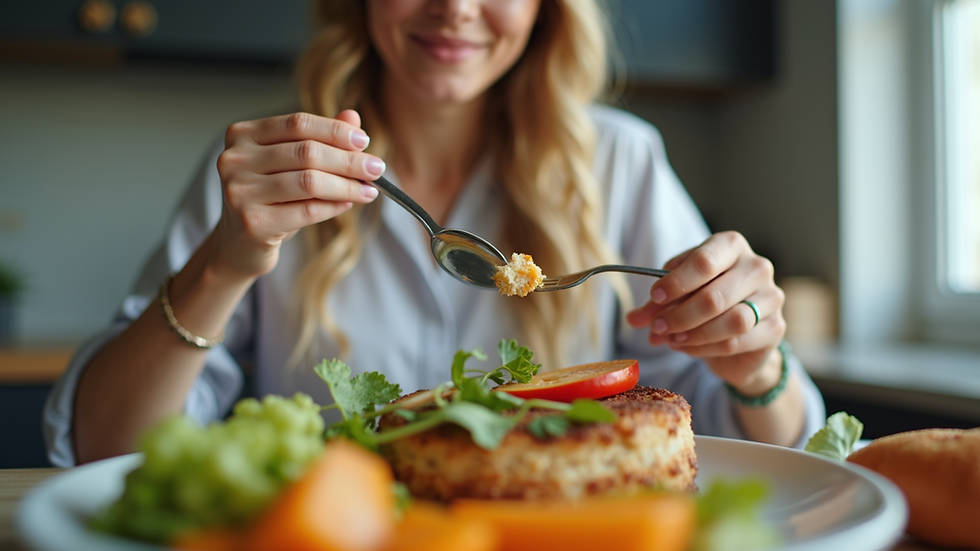 Close-up view of a woman enjoying a healthy meal post-surgery
