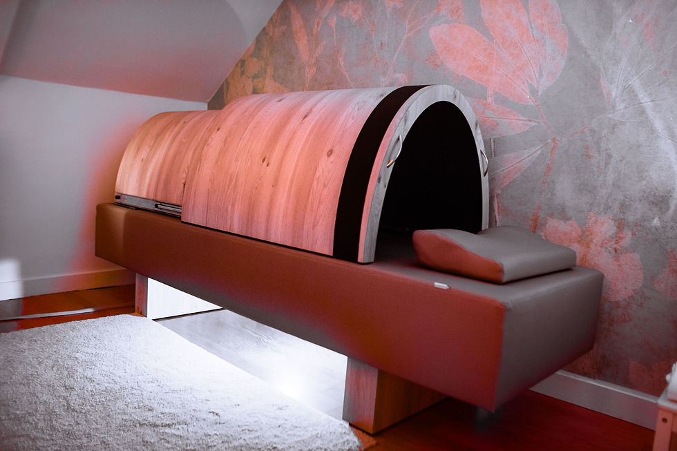 Eye-level view of a Vital Dome sauna cabin in a cozy wellness room