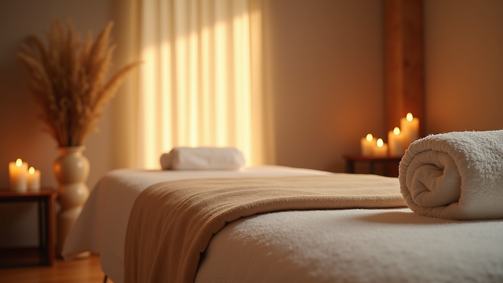 Eye-level view of a cozy massage room with soft lighting and relaxing decor