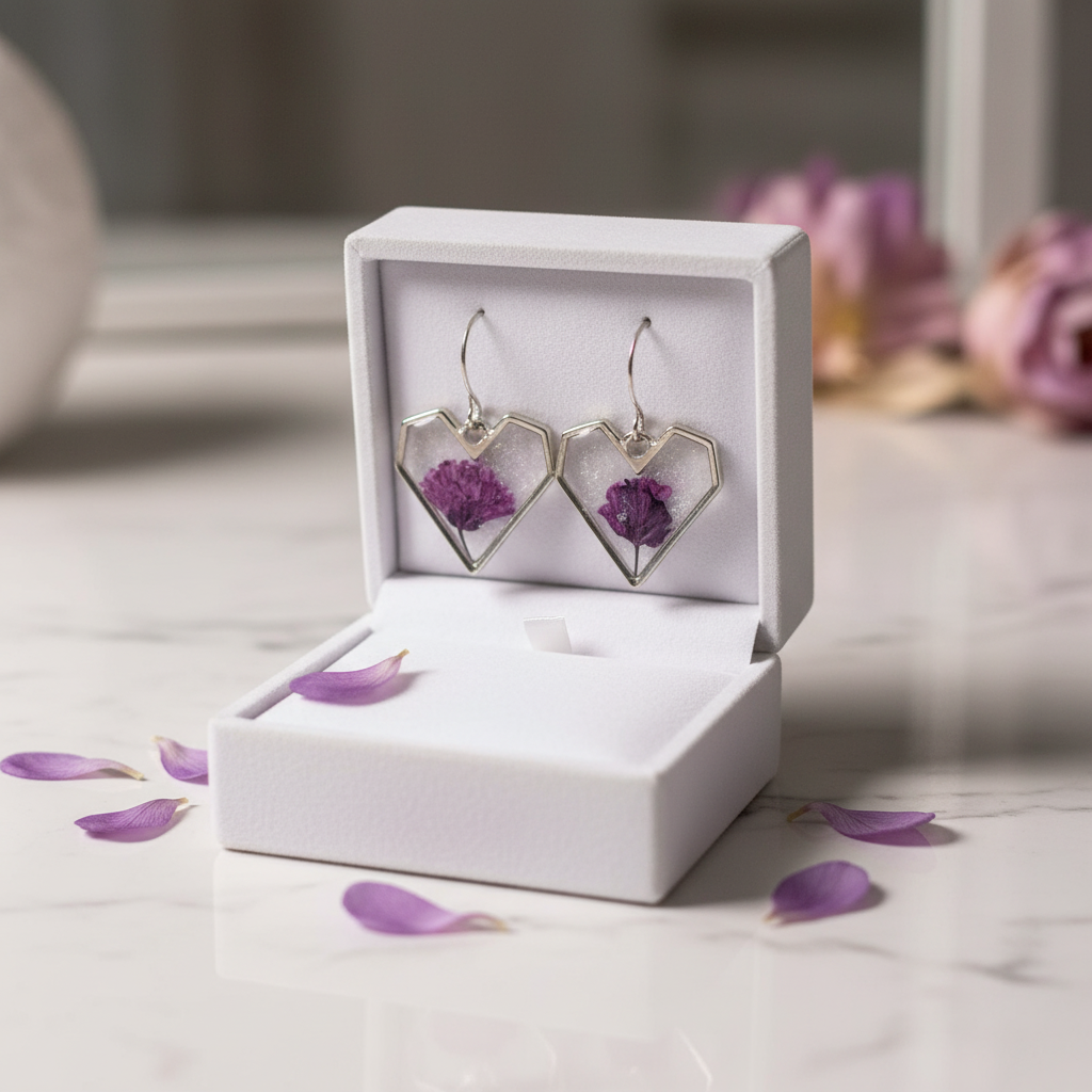 Purple Gypsophila Pressed Flower Heart Earrings