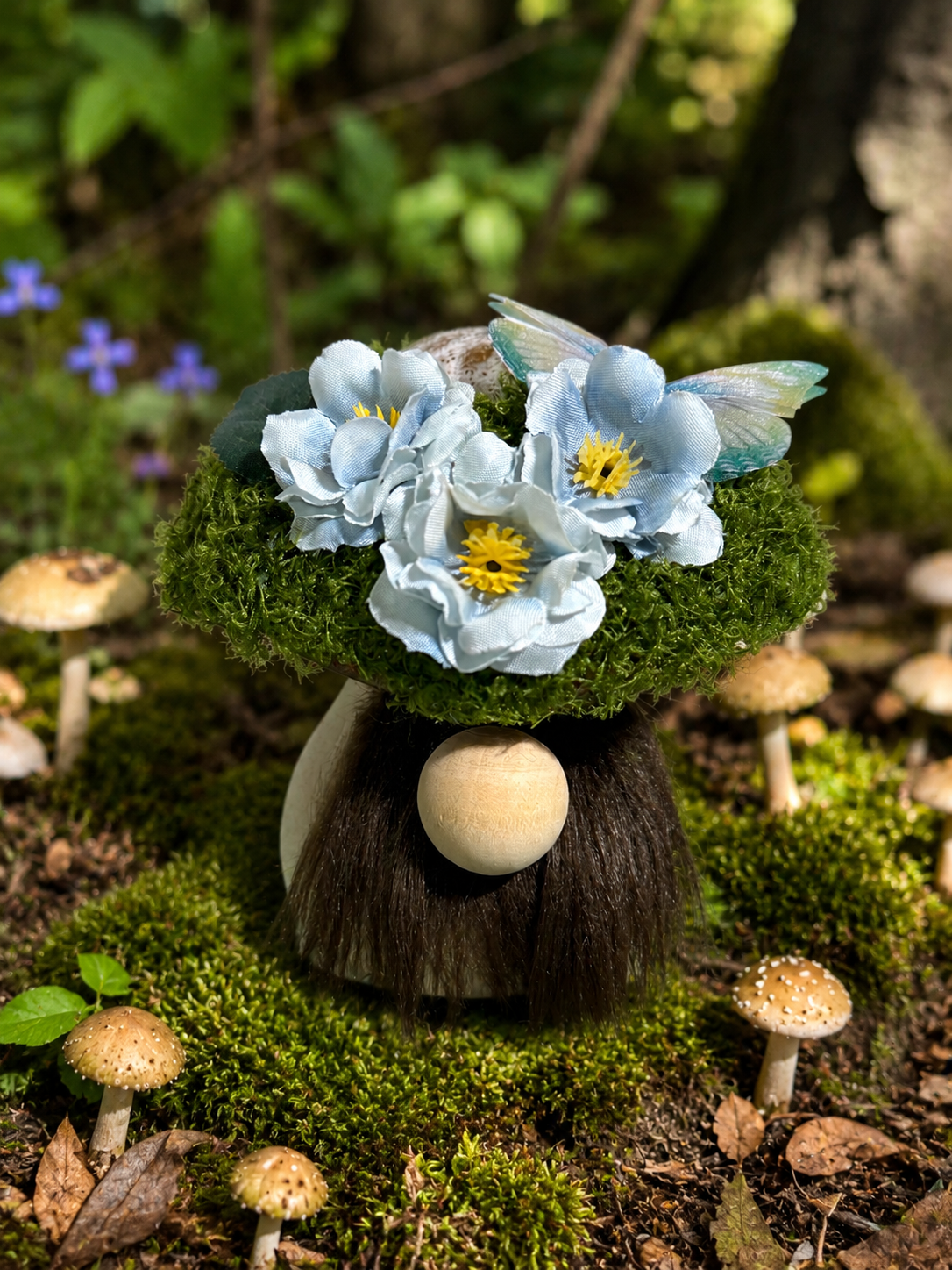 Mushroom Gnome- Light Blue Flowers