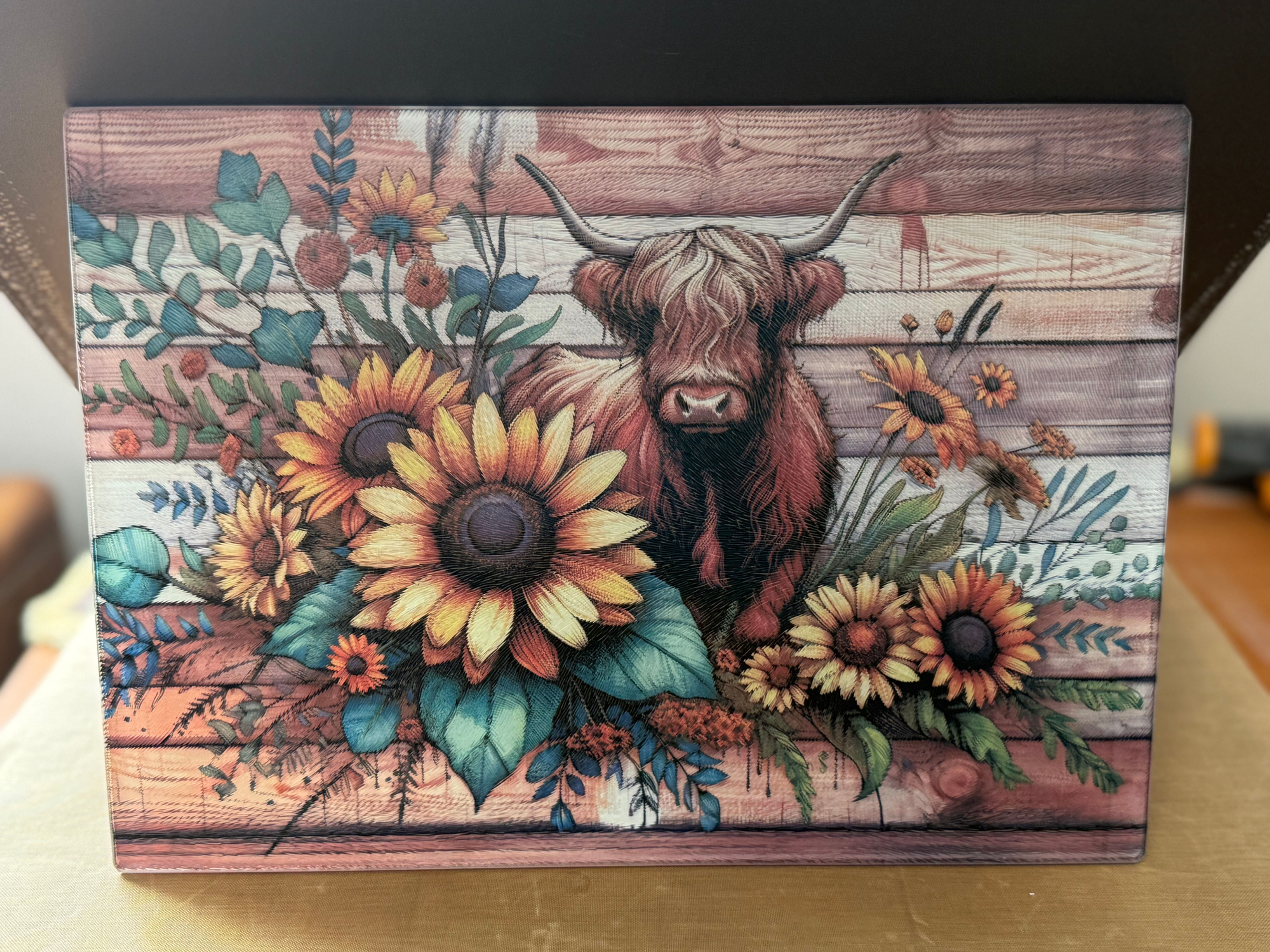 Glass Cutting Board- Highland Cow & Sunflowers