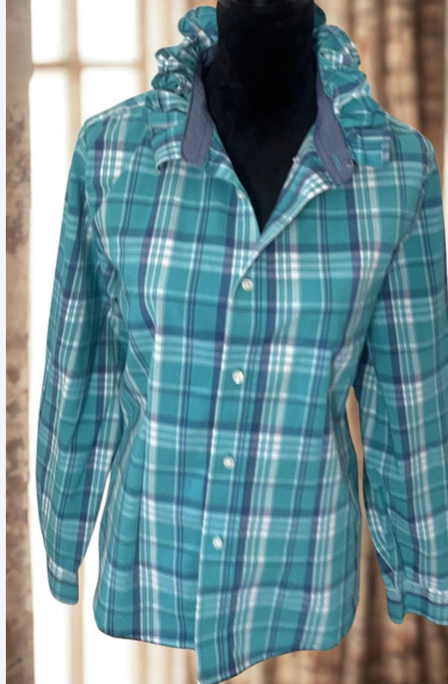 Thumbnail: Upcycled Ruffled Collared Teal  Size M Shirt