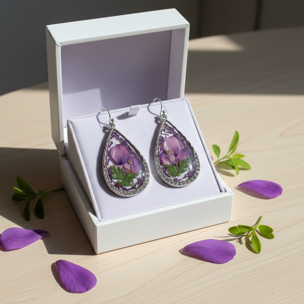 Teardrop Earrings – Pressed Flower & Fern (Silver Sparkle Bezel)