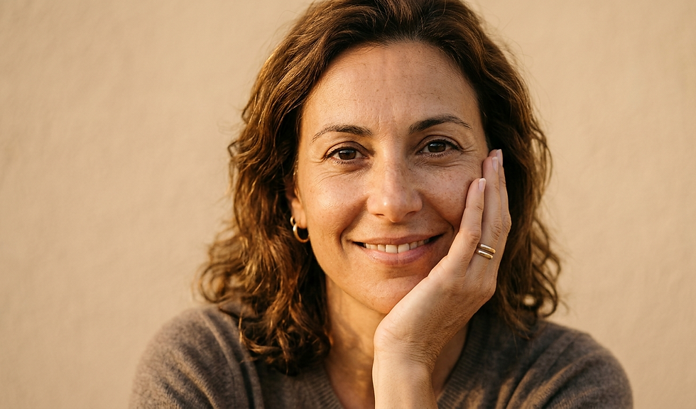 woman in her early 40s with luminous, healthy skin