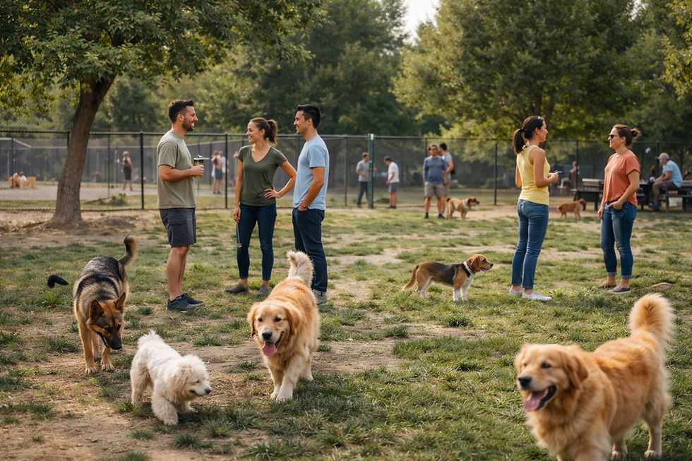 Public dog park with dogs off-leash and people socializing