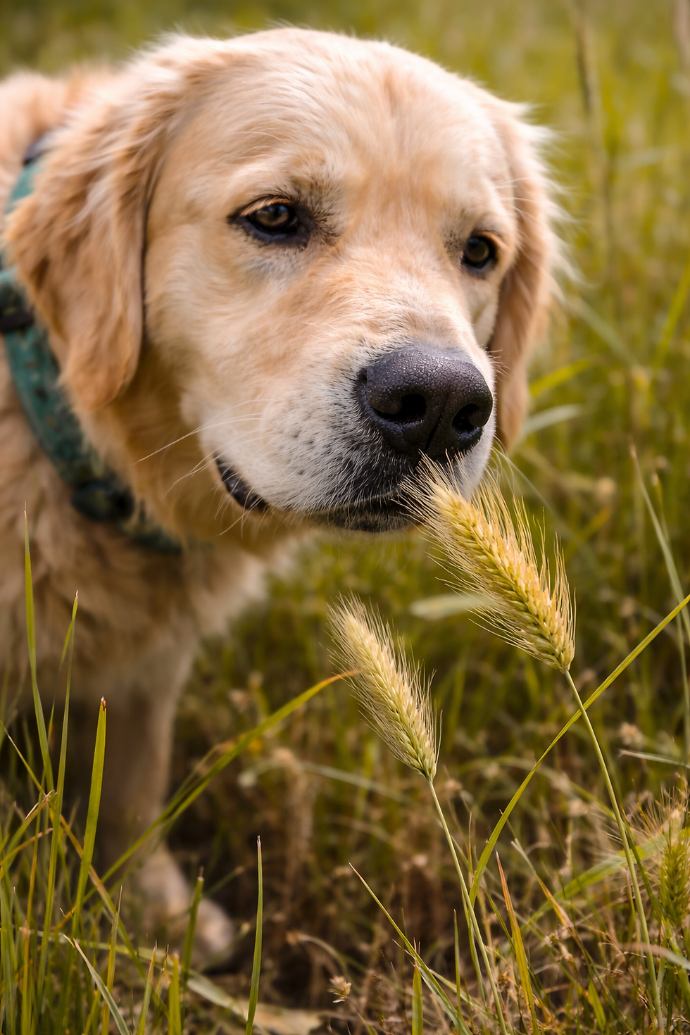 Dog sniffing foxtails