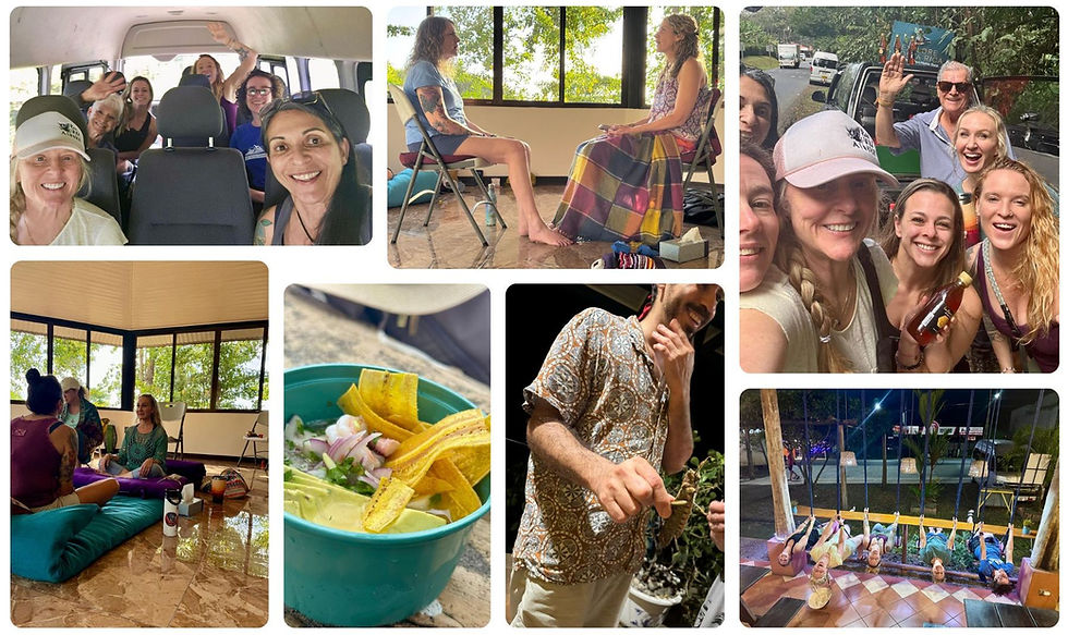 Group collage: People enjoying a road trip, meditation, and a night out. Bright clothes, relaxed and cheerful vibes, nature background.