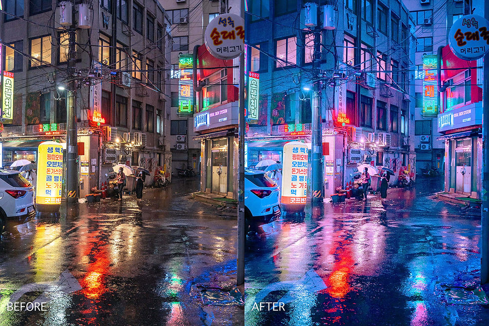 An image comparing a before and after neon edit of a street in South Korea.
