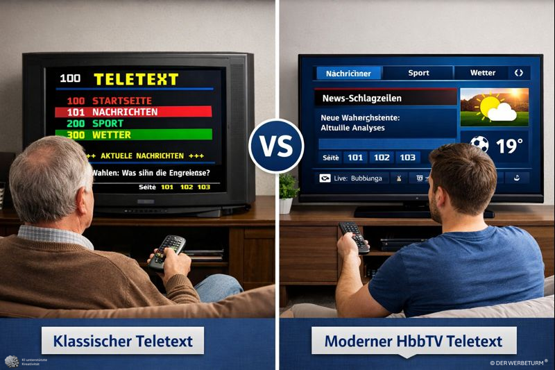 „Zweiteiliges Vergleichsbild: Links sitzt ein älterer Mann um die 60 Jahre vor einem Fernseher mit klassischem Teletext in pixeliger Darstellung und Seitenzahlen. Rechts sitzt ein jüngerer Mann um die 30 Jahre vor einem modernen Smart-TV mit HbbTV-Teletext, grafischer Oberfläche, Navigation und Unterseitenspeicher. Das Bild zeigt den Unterschied zwischen klassischem Teletext und modernem HbbTV.“
