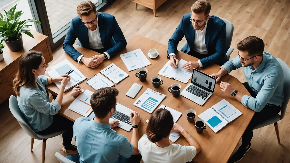 High angle view of a team brainstorming ecommerce strategies