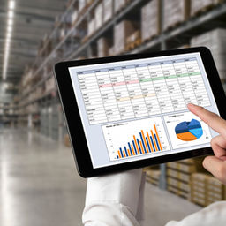 Business owner reviewing financial charts on a tablet in a warehouse while analyzing balance sheet and debt structure
