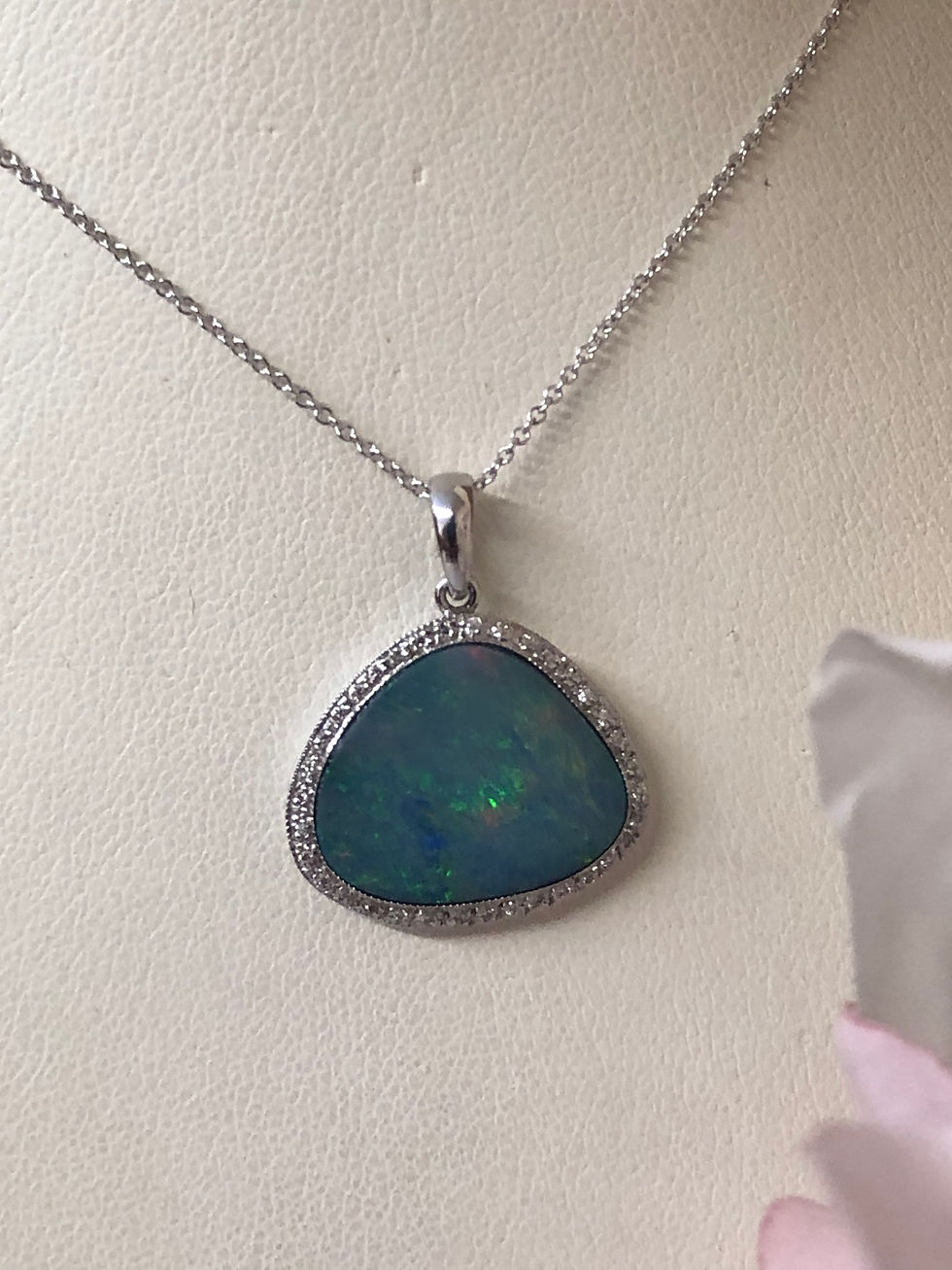 Thumbnail: 14 KT White Gold, Opal and Diamond Pendant