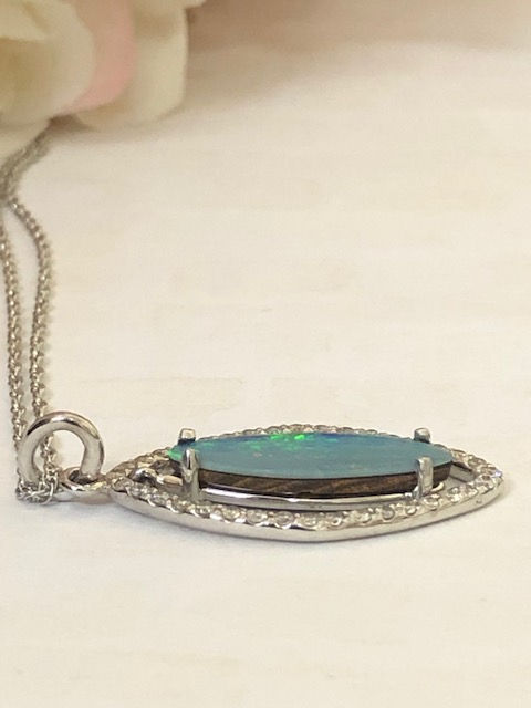 Thumbnail: 14KT White Gold, Opal and Diamond Necklace
