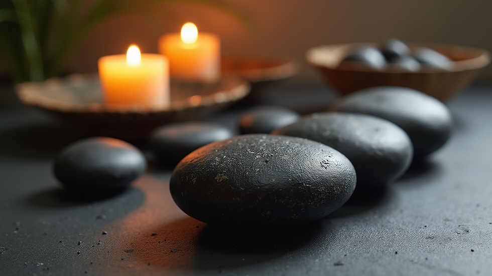 Close-up view of volcanic stones used in hot stone massage