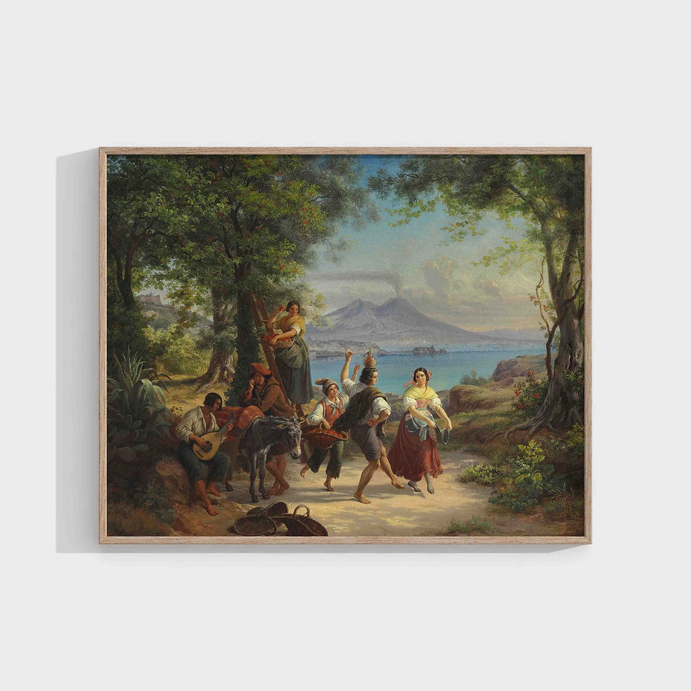 Italian orange pickers, dancing and playing music at the Bay of Naples