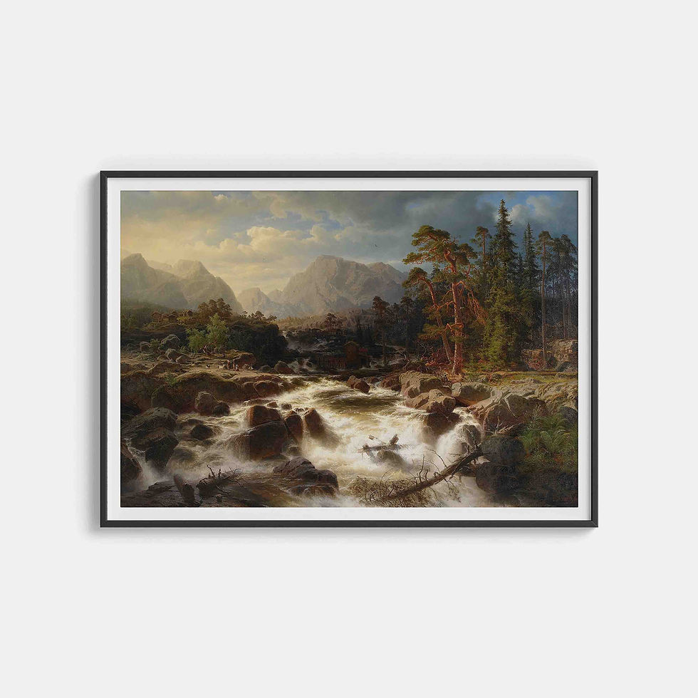 Thumbnail: Marcus Larson: Dramatic waterfall landscape with figures and mill buildings