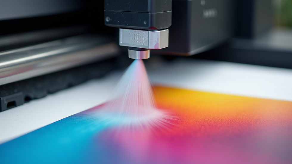 Close-up view of a giclee printer nozzle spraying ink on canvas