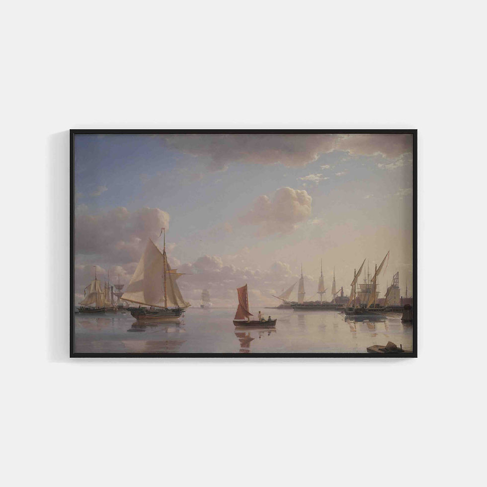 Emanuel Larsen : View from Langelinie towards the Royal naval Dockyards at Nyholm, Copenhagen. Morning Light