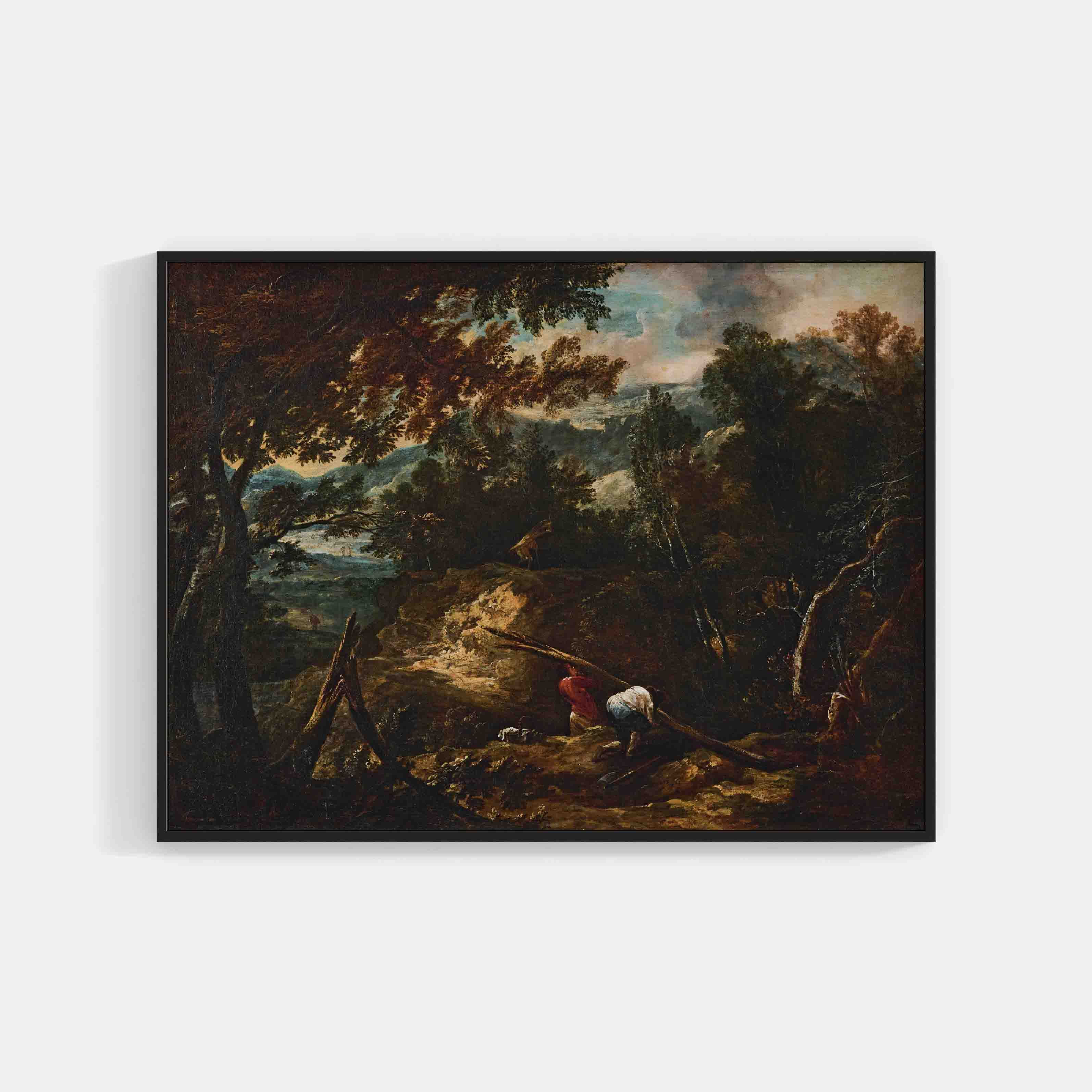 John Butts : A Mountainous Wooded Landscape With Figures Gathering Wood