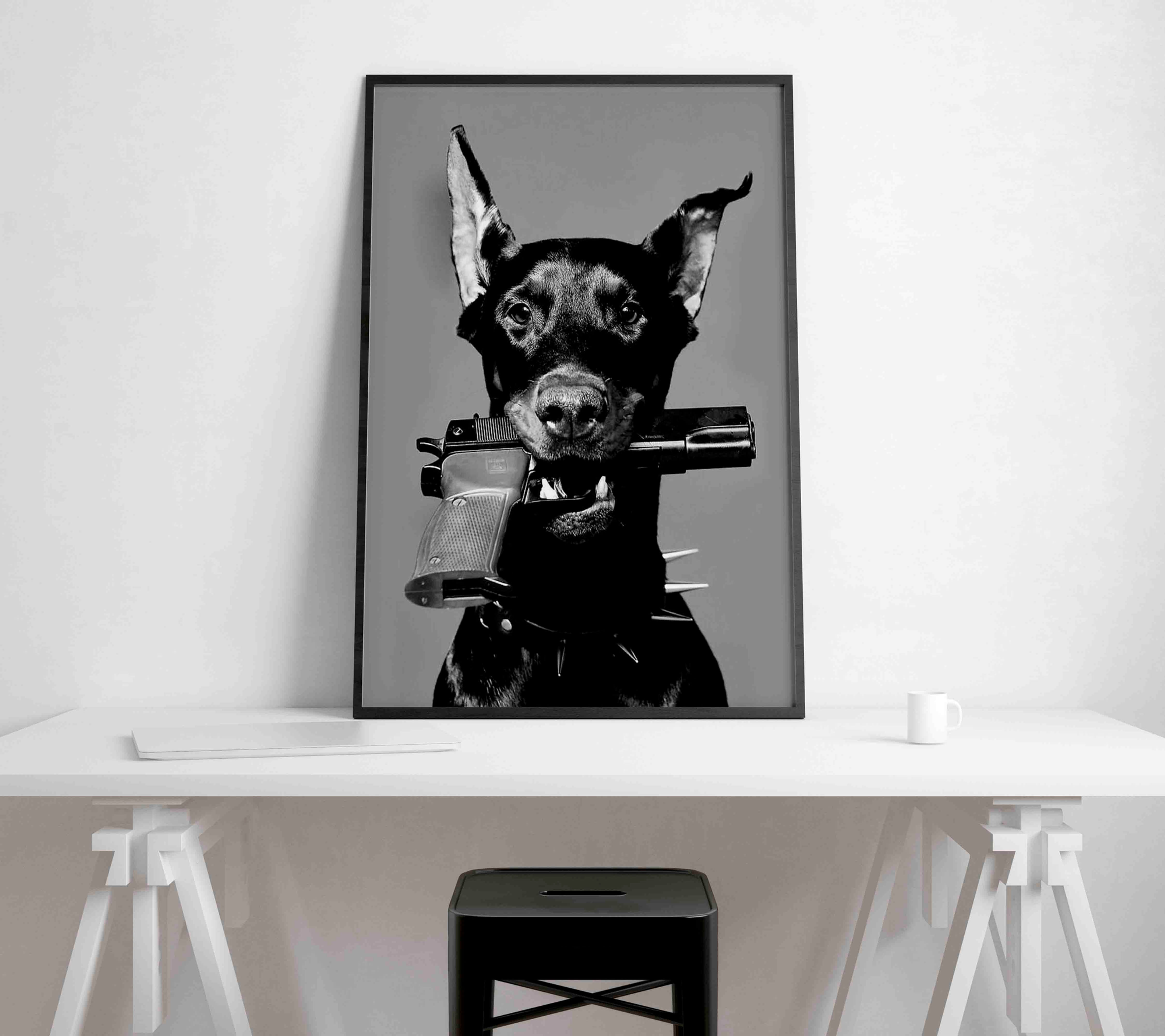 Doberman Gun Poster, Black and White, Fashion Photography, Luxury Wall Decor