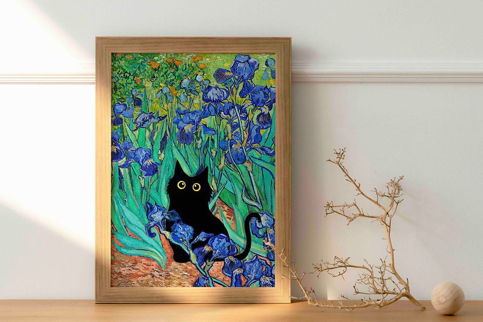 Thumbnail: Vincent Van Gogh's Irises Cat Print, Van Gogh Cat Poster, Black Cat Art