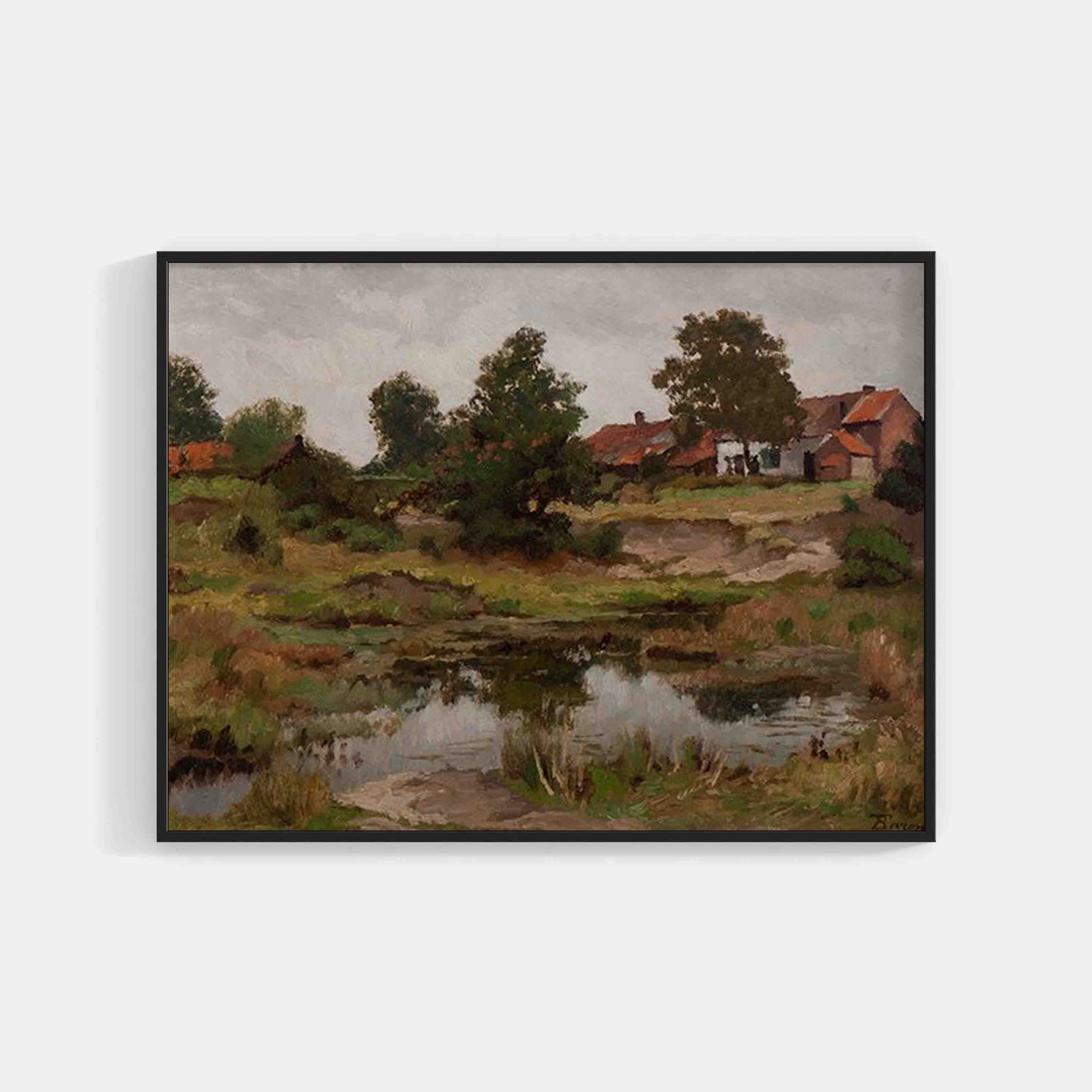 Théodore Baron : View of a Pond with Houses Wall Art & Decor