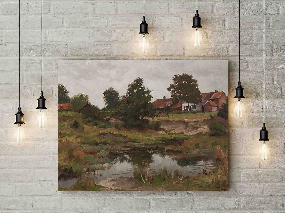 Thumbnail: Théodore Baron : View of a Pond with Houses Wall Art & Decor