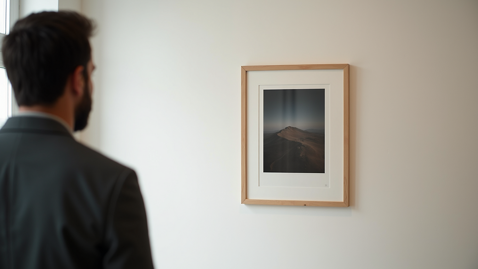 Eye-level view of a framed giclee print hanging on a gallery wall