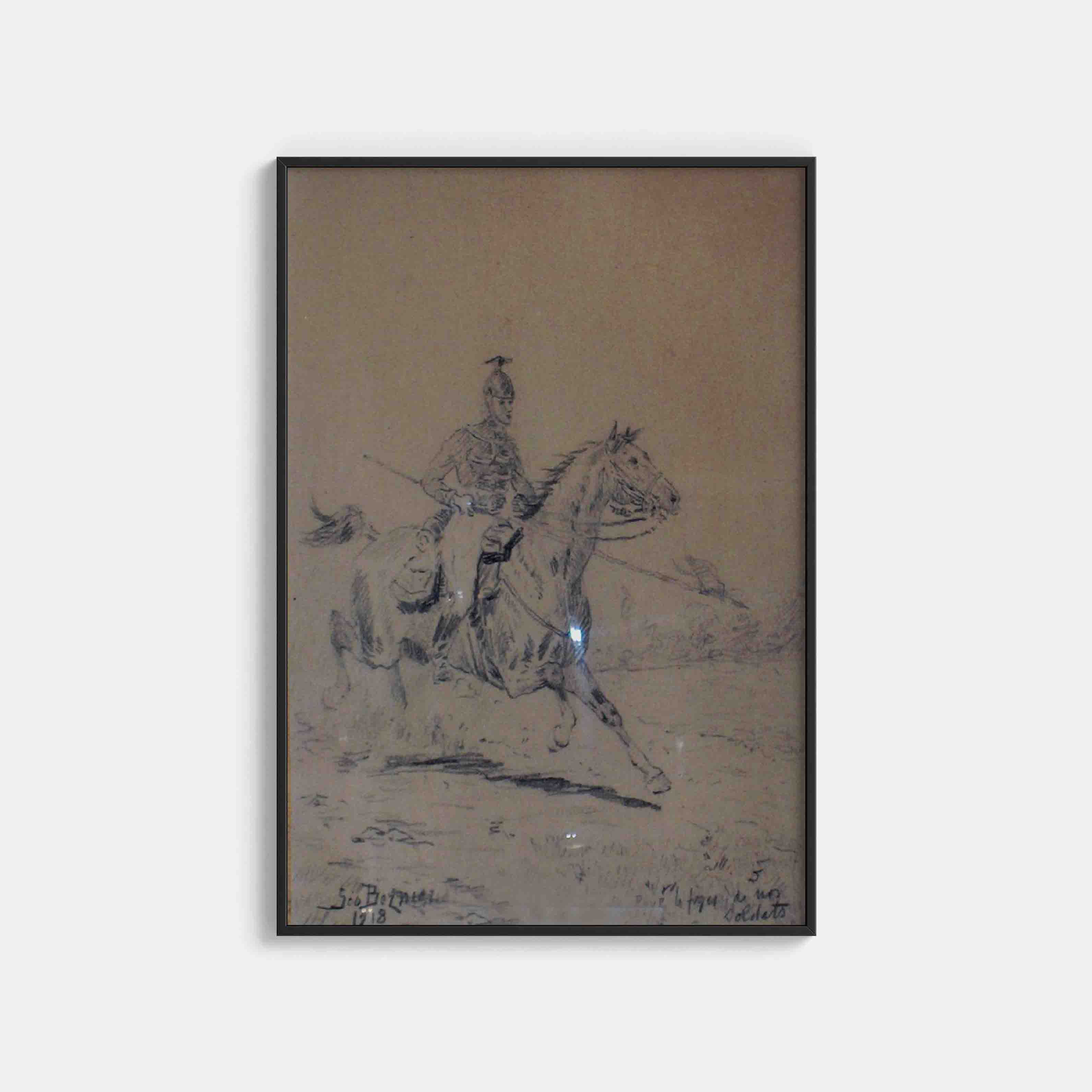 Nederlands: "Pour le foyer de nos soldats" (1918) - tekening van een huzaar door Géo Bernier (1862-1918); privé bezit