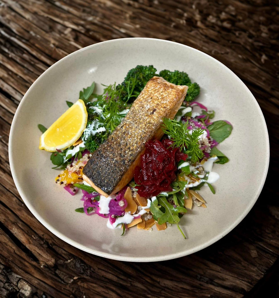 Salad with salmon fillet, almonds and pickled onion at The Hungry Pelican Café Hervey Bay
