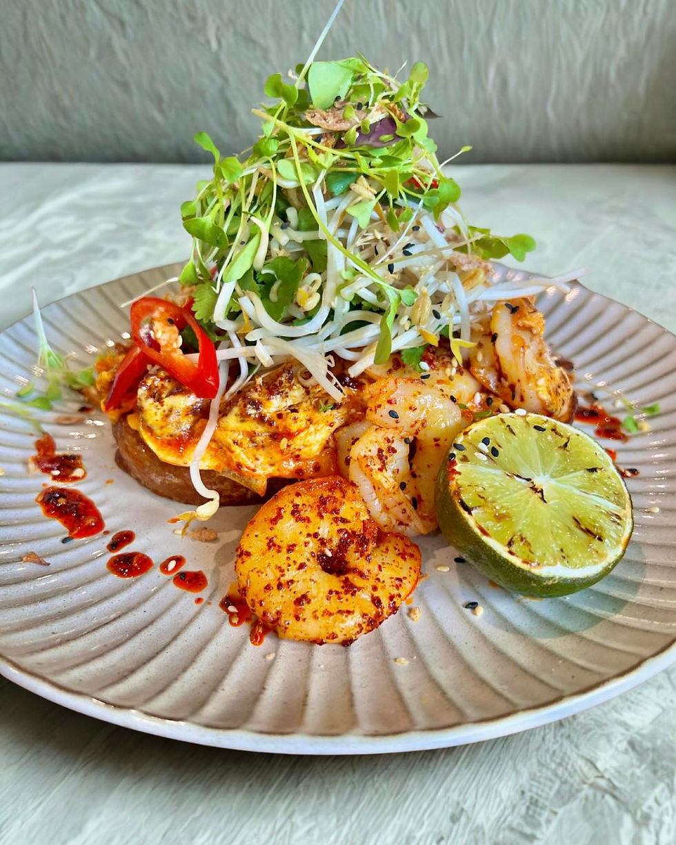 Prawn Star with prawns, chilli eggs and sourdough at The Hungry Pelican Café Hervey Bay