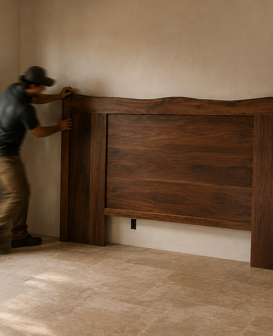 Mesa and Maple installing custom wood headboard in Casa Palma Inn Guest Room