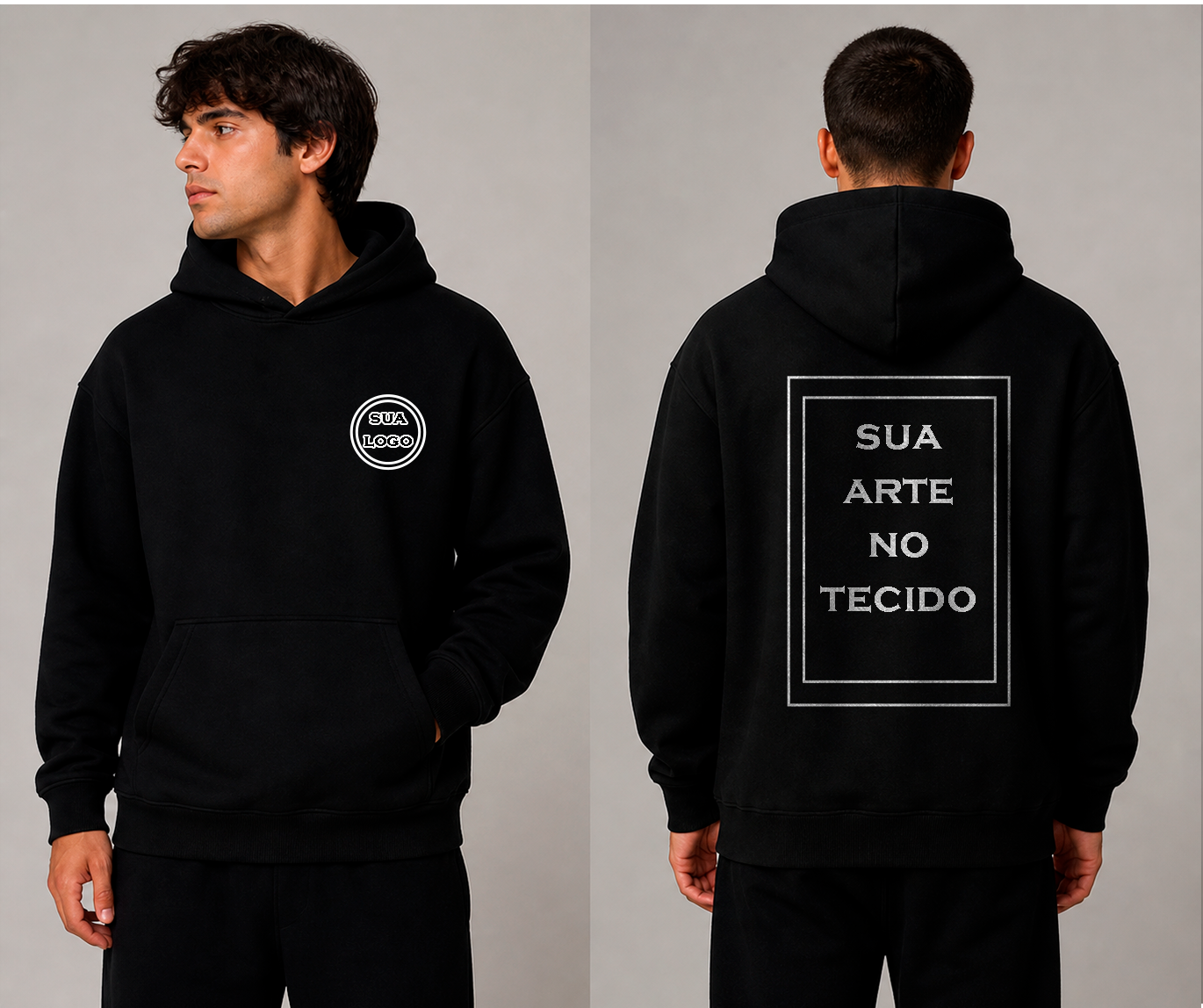 Moletom personalizado tipo Canguru Unisex/100% algodão/Preto-Branco