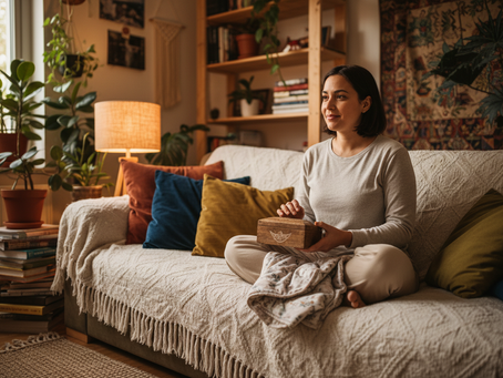 Woman sits cross-legged on a sofa in a cozy plant-filled living room, holding a wooden box and smiling softly.