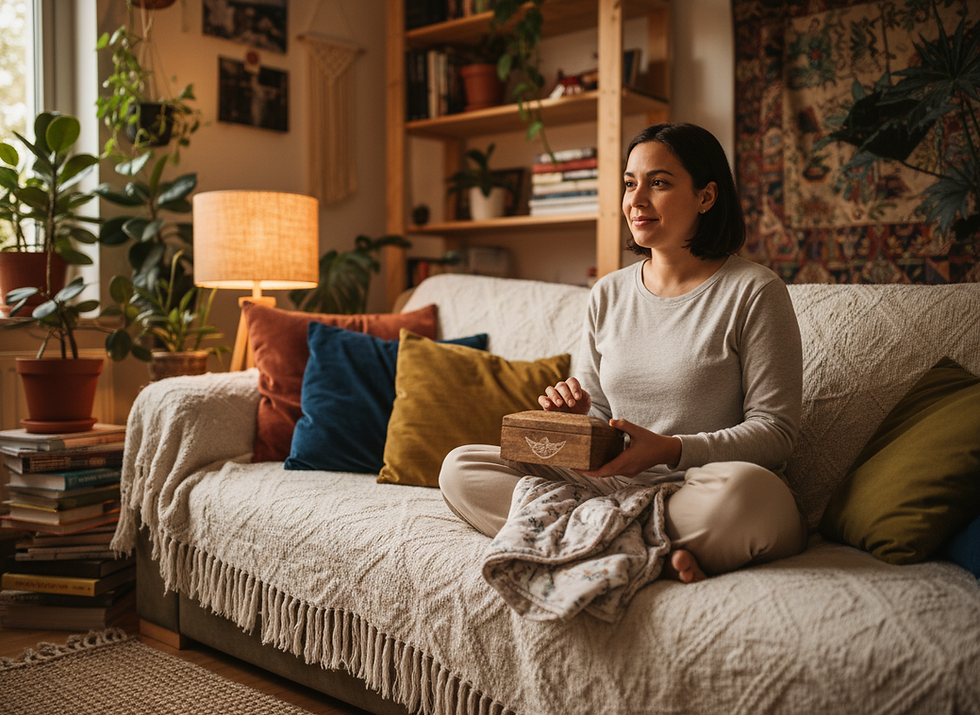 Woman sits cross-legged on a sofa in a cozy plant-filled living room, holding a wooden box and smiling softly.